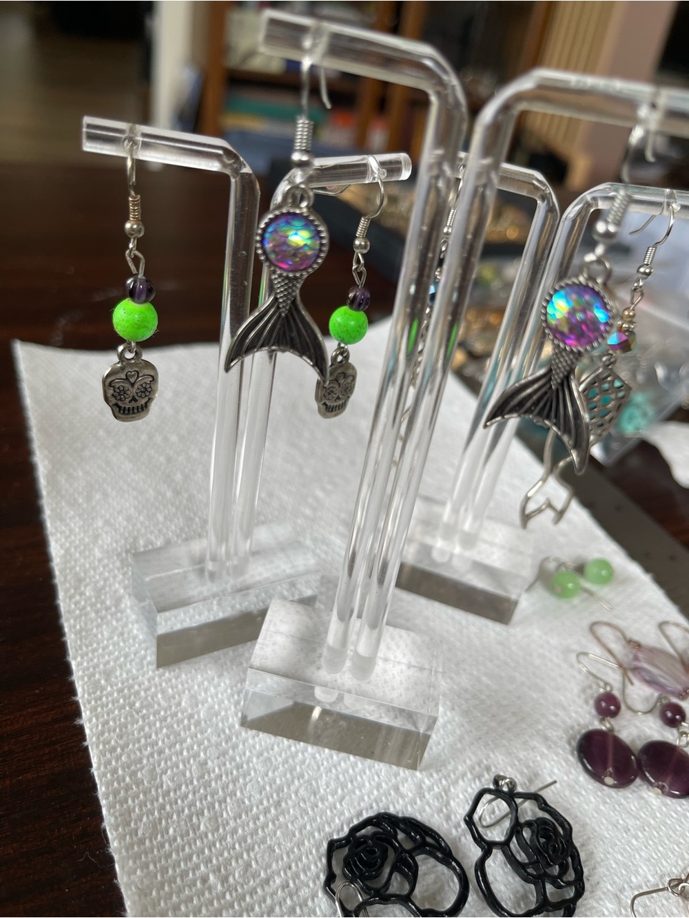 10pr Earrings some handmade some vintage.